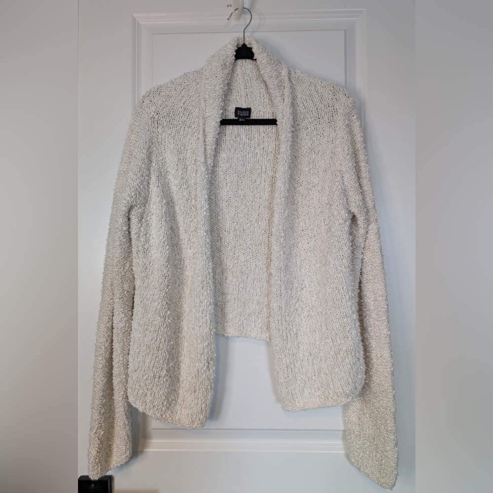 Eileen Fisher Textured Chunky Cotton Linen Open Cardigan Ivory Size Large